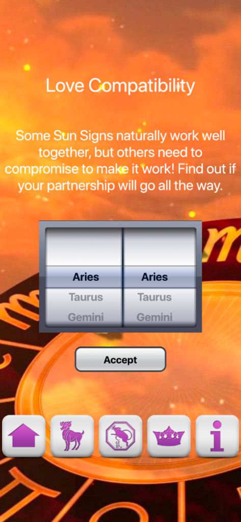 Horoscopes and Tarots - Interfaz para seleccionar signos del zodiaco y verificar la compatibilidad amorosa en la aplicación Horóscopos y Tarots.