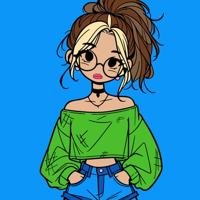 girl with a messy ponytail glasses a baggy crop top and jean shorts