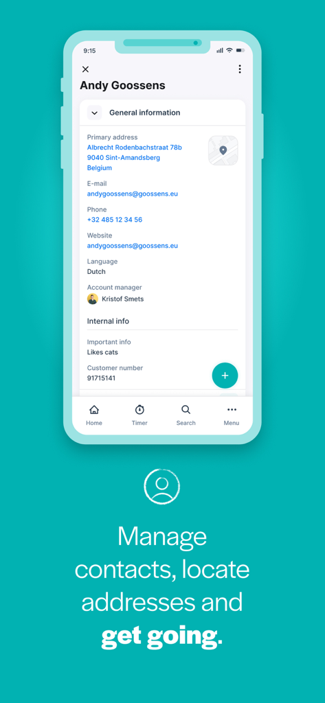 Teamleader Focus - Una pantalla móvil que muestra detalles de contacto del cliente, incluyendo dirección y número de teléfono en la aplicación Teamleader Focus
