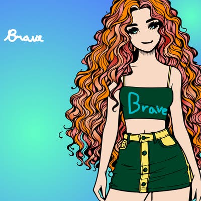realistic girl with long curly hair with mini skirt and crop top