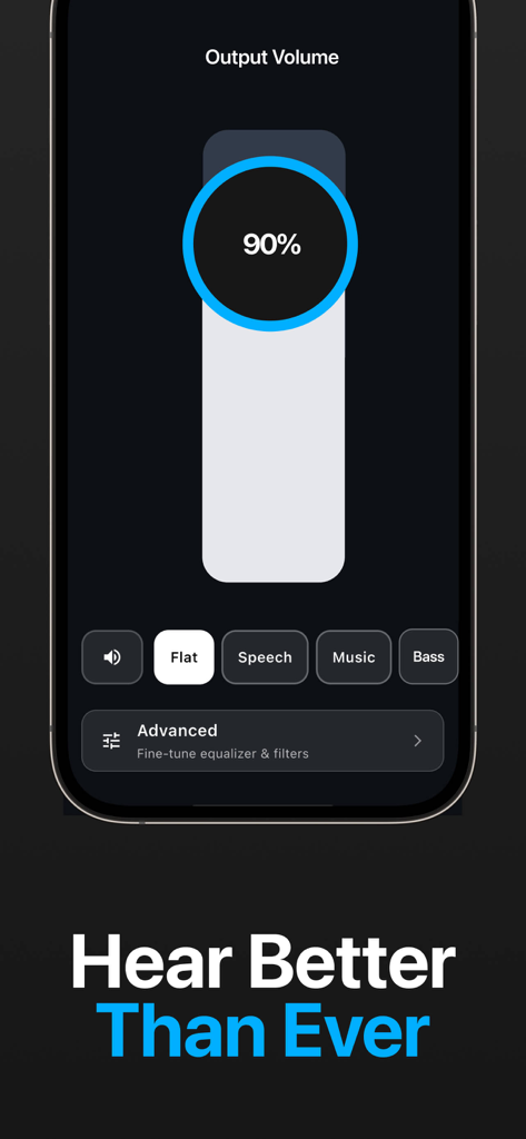 Hearing Aid・Boost: Heared - A smartphone displaying volume adjustment and audio presets for the Heared hearing aid app.