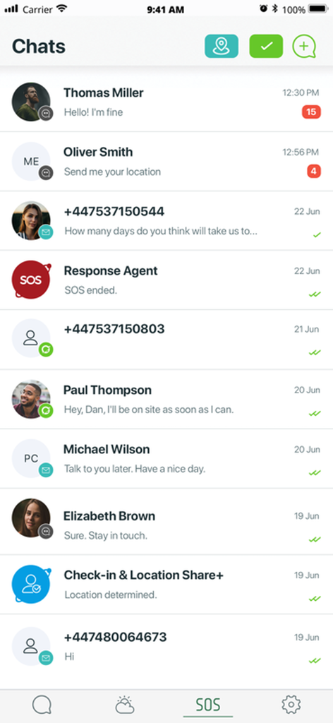ZOLEO - ZOLEO app chat interface showing a list of conversations including SOS response agent and location sharing