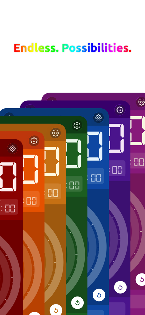 BeepWatch Interval Timer - A showcase of multiple colorful high-contrast neon themes for the BeepWatch interval timer app interface.