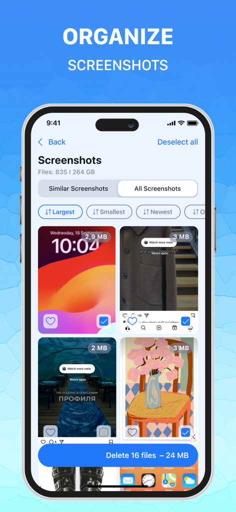 Opti Cleaner & Optimizer - iPhone interface of Opti Cleaner app showing options to organize and delete screenshots to free up storage space