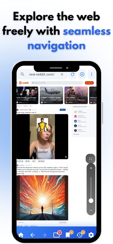 Smartphone-Oberfläche zeigt die Desktop Browser App mit vollständiger Desktop-Website-Ansicht