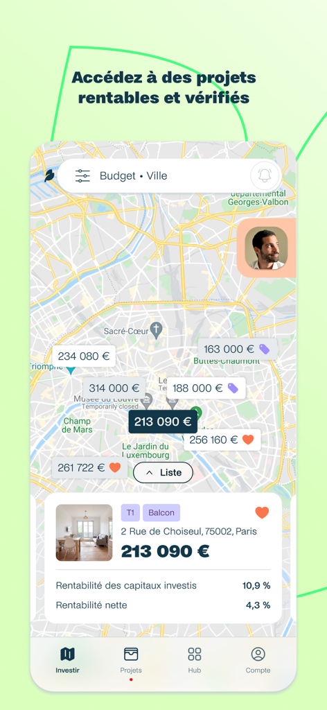Beanstock mobile app interface showing a real estate investment map of Paris with property prices and net profitability data.