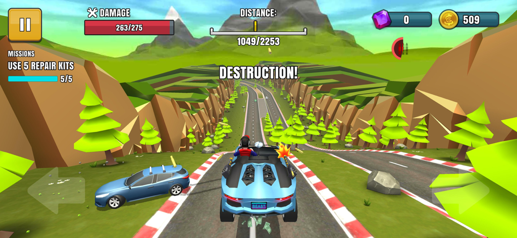 Faily Brakes 2 - A blue sports car racing through a canyon in the Faily Brakes 2 mobile game with destruction text on screen.