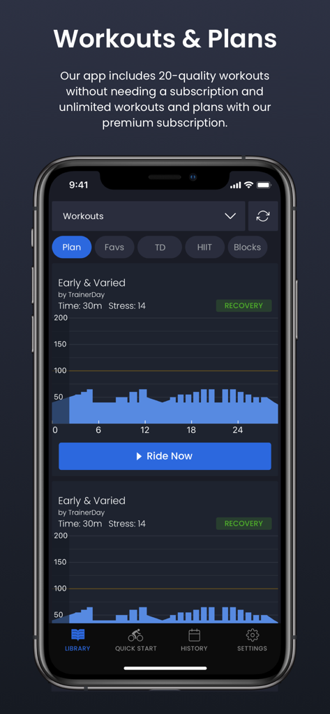TrainerDay app interface showing a list of structured indoor cycling workouts with power interval graphs.