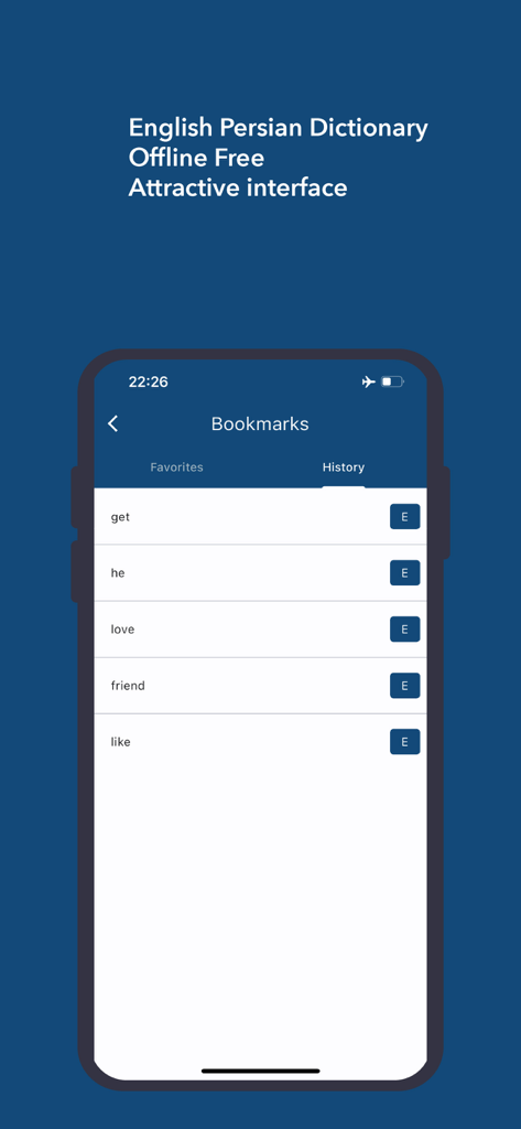 History tab in the Dictionary English Persian app showing a list of recently searched words.