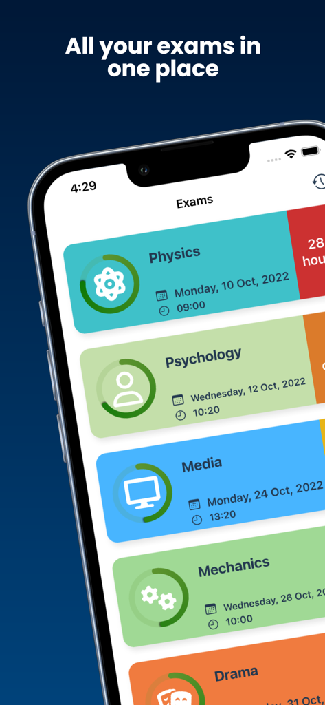 Study Planner Exam Countdown - Uma interface de aplicativo móvel exibindo uma lista de exames futuros com nomes de matérias e datas