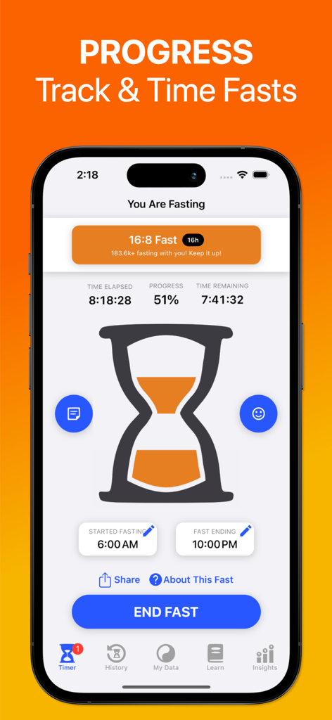 Sunrise - Intermittent Fasting - Sunrise Intermittent Fasting app interface showing a live fasting timer and progress tracker
