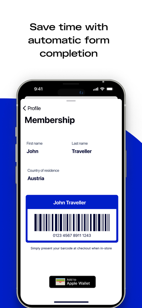Digital membership card and barcode in the Global Blue app for tax free shopping
