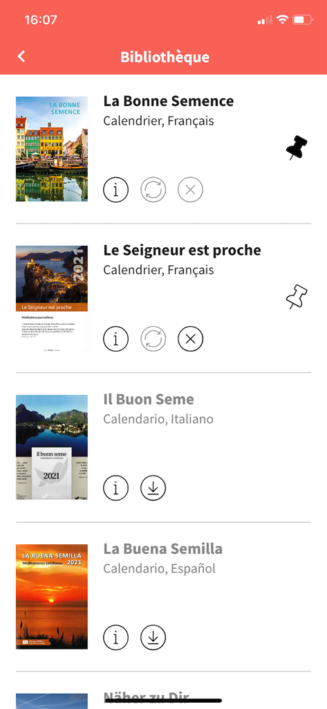 La Bonne Semence - The library screen of La Bonne Semence app featuring daily Christian devotional calendars in French Italian and Spanish
