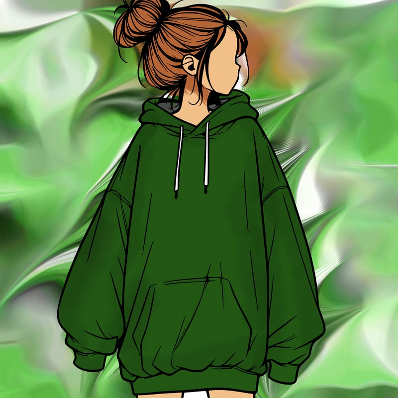 realistic girl with a oversized sweatshirt on and a bun