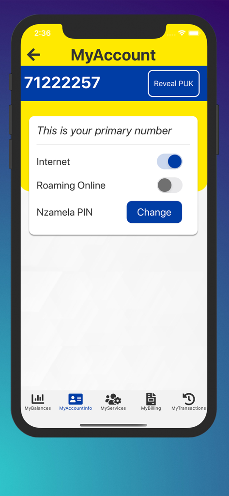 MascomOnline - MascomOnline app MyAccount screen showing phone number account settings for internet and roaming