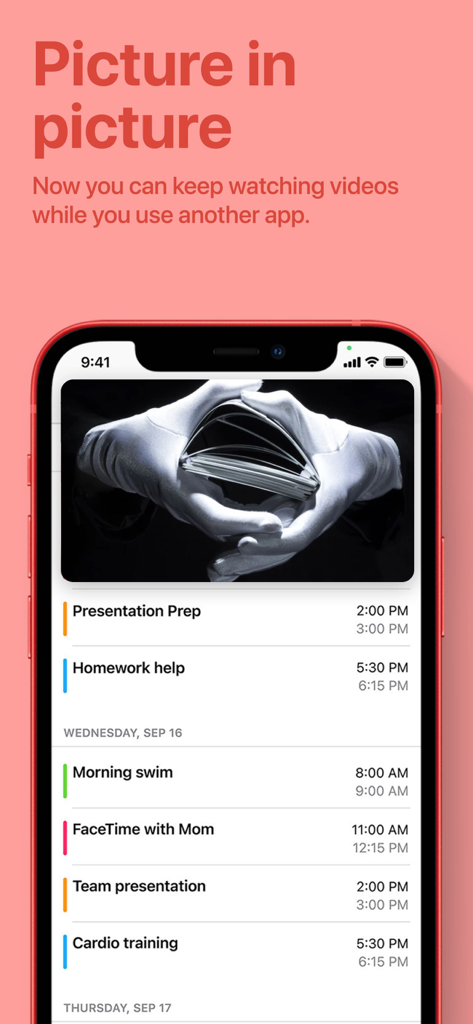 A magic trick video tutorial playing in picture in picture mode on an iPhone while using a calendar app
