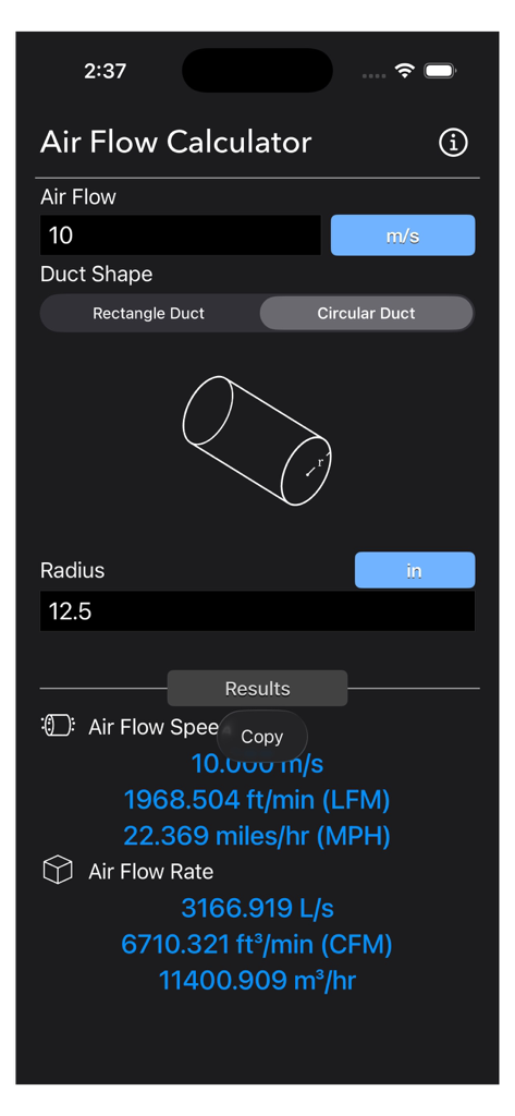 Interface of the Air Flow Conversion Calculator app showing airflow speed and rate calculations for a circular duct