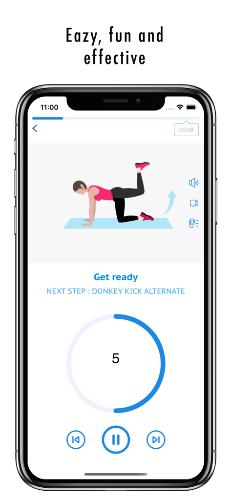 FitHer - Workout for Women - FitHer app workout interface showing a donkey kick exercise and countdown timer