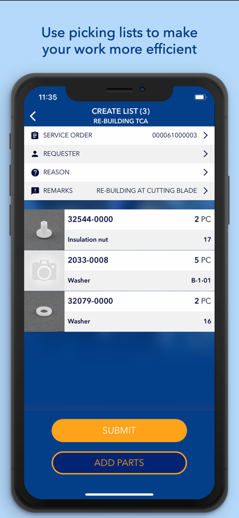 産業メンテナンス用の部品ピッキングリストを作成するためのePIMSアプリインターフェイス