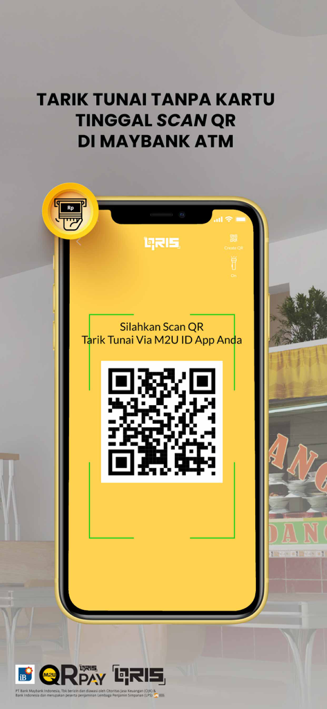 Maybank2u ID App-Oberfläche mit einem QR-Code für bargeldlose Geldabhebungen am Geldautomaten.