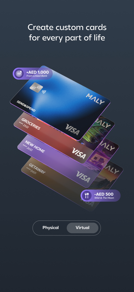 Maly - Your Smart Money App - Maly app screenshot showcasing custom physical and virtual Visa cards for different spending categories like groceries and travel