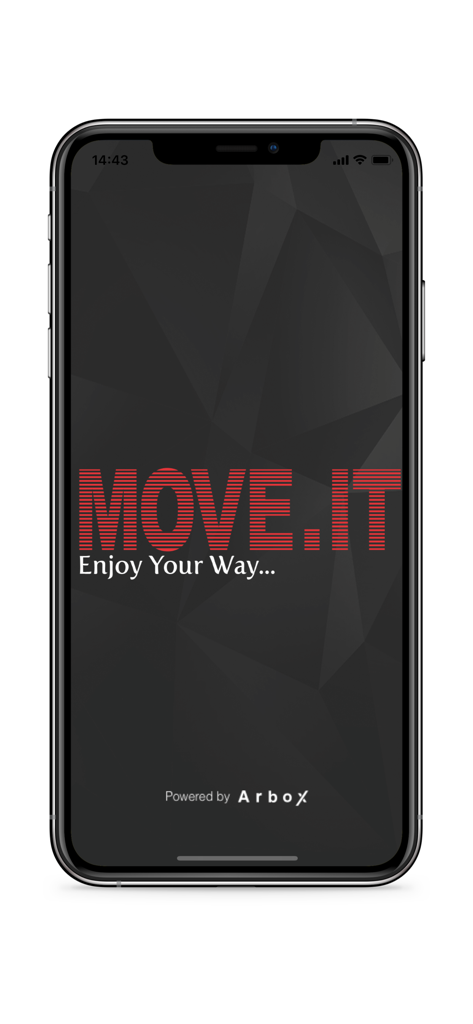 MOVE.IT - MOVE.ITフィットネスアプリのスプラッシュスクリーン。ロゴと「Enjoy Your Way」のスローガンが表示されています。