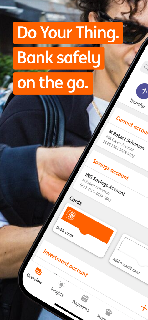 ING Banking app interface on a mobile phone showing current and savings accounts