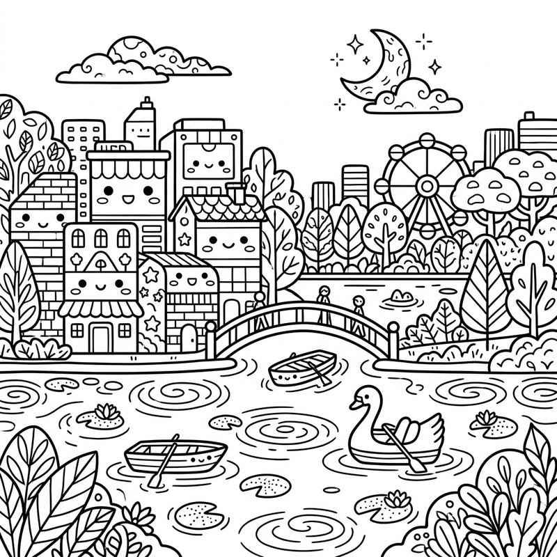Immerse yourself in the adorable world of this Kawaii Urban Lake coloring page, where cute city buildings and serene waters meet. Discover smiling boats, a charming swan, and lush trees in a delightful cityscape designed for pure coloring joy.