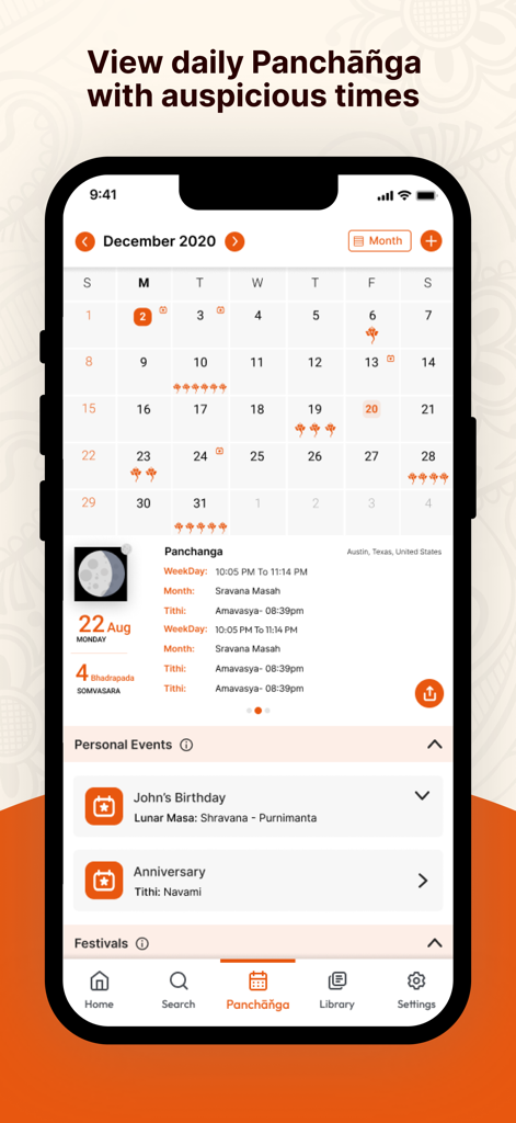 Vignanam - A screenshot of the Vignanam app showing the monthly Panchanga calendar with auspicious times and personalized lunar events