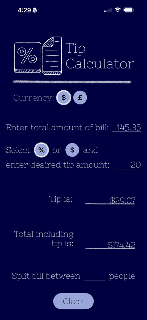 TipCalculator - Easy Peasy - TipCalculator app interface showing total bill amount tip calculation and bill splitting options