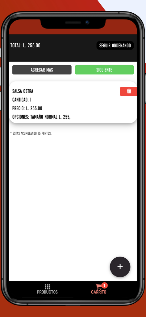 Mirawa app checkout page showing a food order and loyalty points summary.