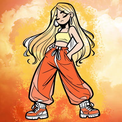 girl in baggy pants crop top and long hair