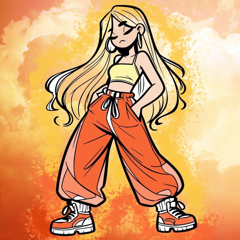 girl in baggy pants crop top and long hair