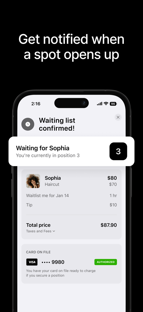 SQUIRE app screen showing a confirmed waiting list position and pricing details for a barber appointment.