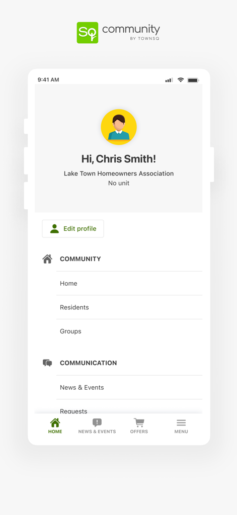 TownSq Community - User profile and main navigation menu of the TownSq Community app for HOA residents.