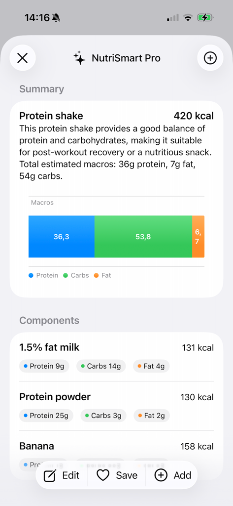 NutriSmart -  Macros tracker - La aplicación NutriSmart Pro muestra un desglose detallado de macros y calorías para un batido de proteínas con lista de ingredientes.