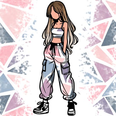 girl in baggy pants crop top and long hair