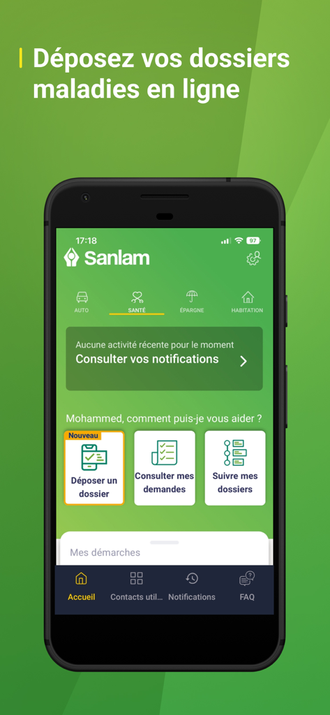 Sanlam Maroc - Sanlam Maroc mobile app interface for managing health insurance claims online