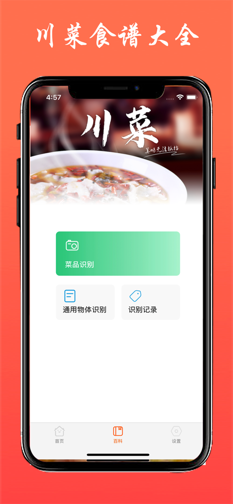 料理の識別と百科事典の機能を示す四川料理レシピアプリのインターフェース