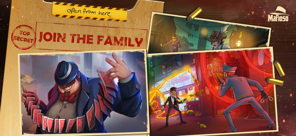 A stylized mobster character holding a deck of cards on a secret file background with Join the Family text