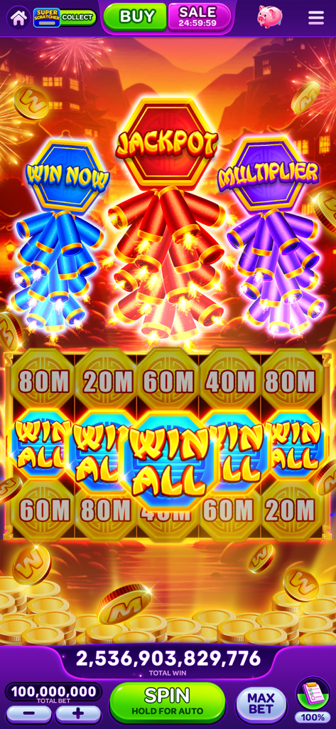 WOW Slots: Online Casino Games - Screenshot of WOW Slots online casino game featuring a massive jackpot win with firecrackers and gold coins.