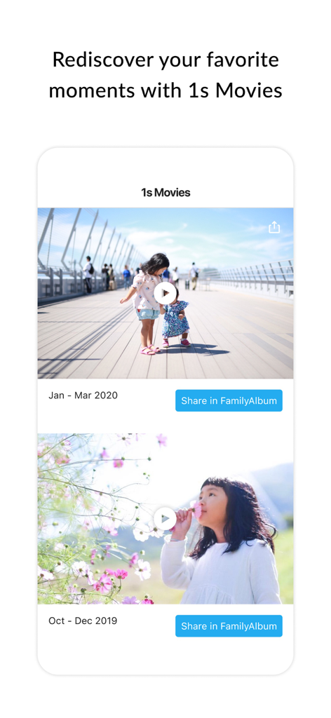 FamilyAlbum app interface showing automated 1s Movies video compilations of family memories.