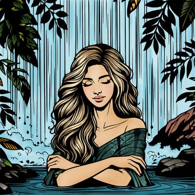 realistic female model under waterfall