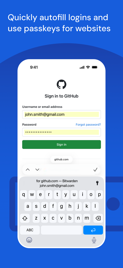 Bitwarden Password Manager - App mobile Bitwarden che mostra il riempimento automatico del login e l'uso delle passkey su una pagina di accesso a GitHub.