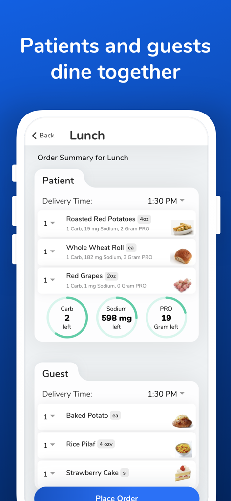 A screenshot of the CBORD Patient app showing a lunch order summary for a patient and a guest including nutritional intake tracking for carbs sodium and protein