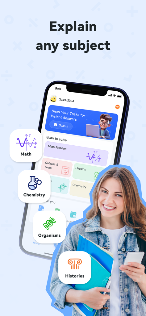 Quiz AI: AI Homework Helper - A student holding books next to a smartphone showing the Quiz AI app interface with various academic subjects like math and chemistry