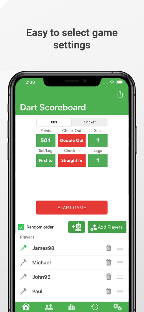 Darts Scoreboard: Scorekeeper - Interface of the Darts Scoreboard app showing game options and player names