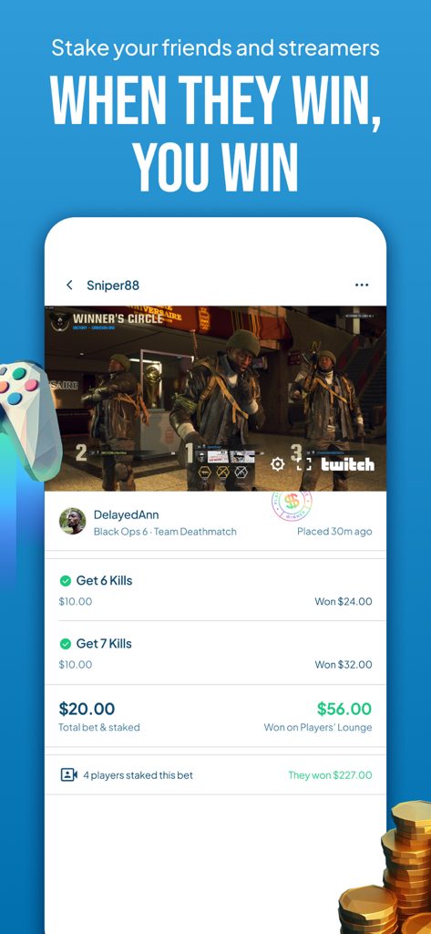 Players' Lounge mobile app showing stakes and cash rewards for gaming challenges.
