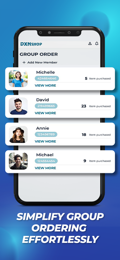 DXN Shop - Interfaccia dell'app DXN Shop che mostra una schermata di gestione degli ordini di gruppo con dettagli sugli acquisti dei membri