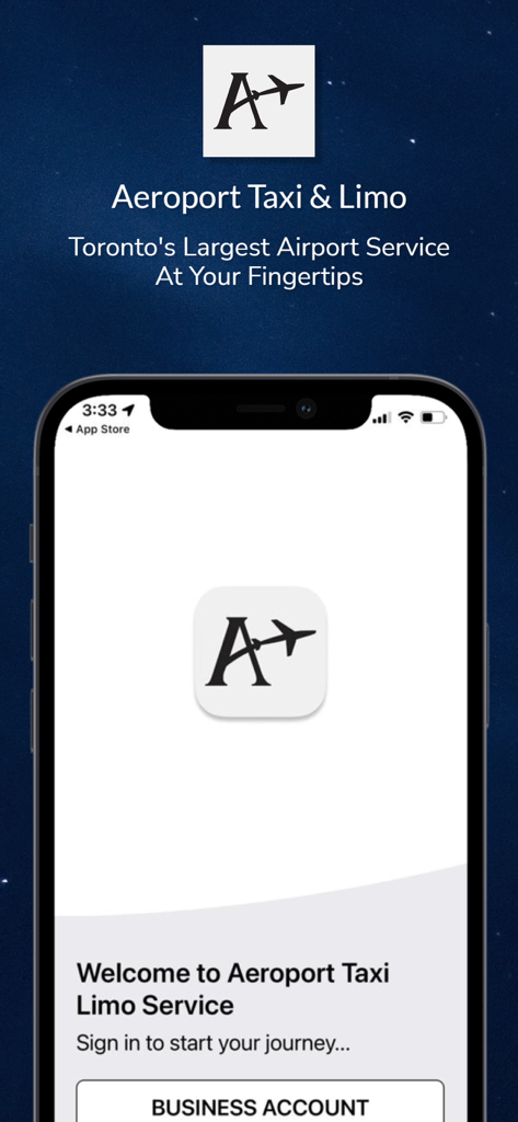 Aeroport Taxi & Limo Service - Welcome screen for the Aeroport Taxi and Limo Service mobile app showing a business account login option